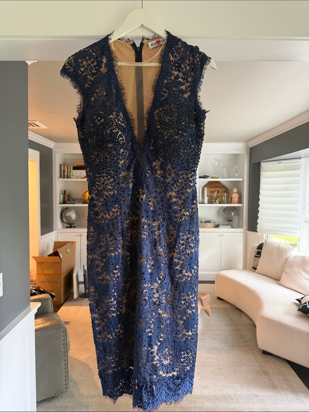 H&M Navy Lace Midi Dress with Nude Lining - Sleeveless V-Neck